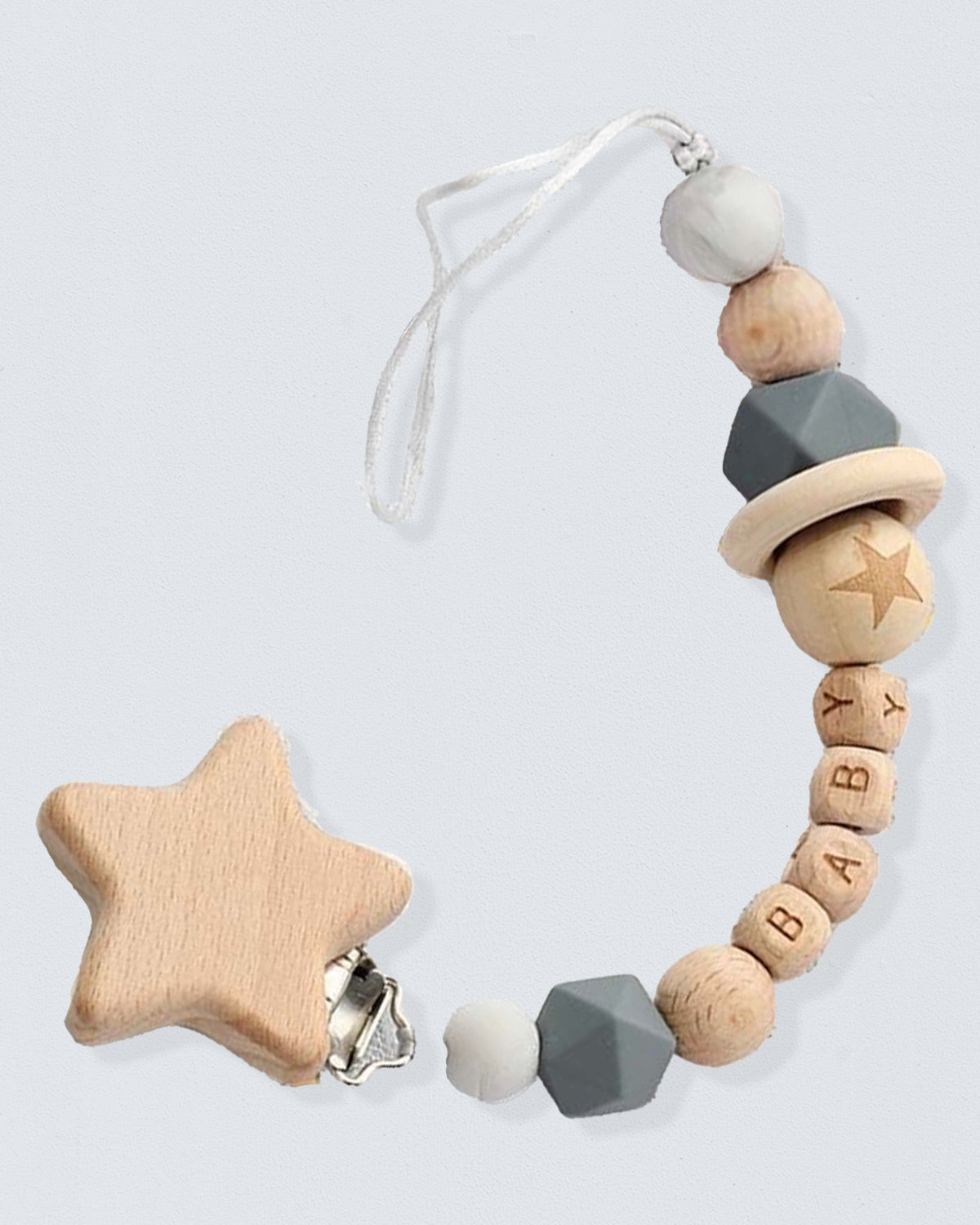 Pacifier Clip Wooden Grey Star